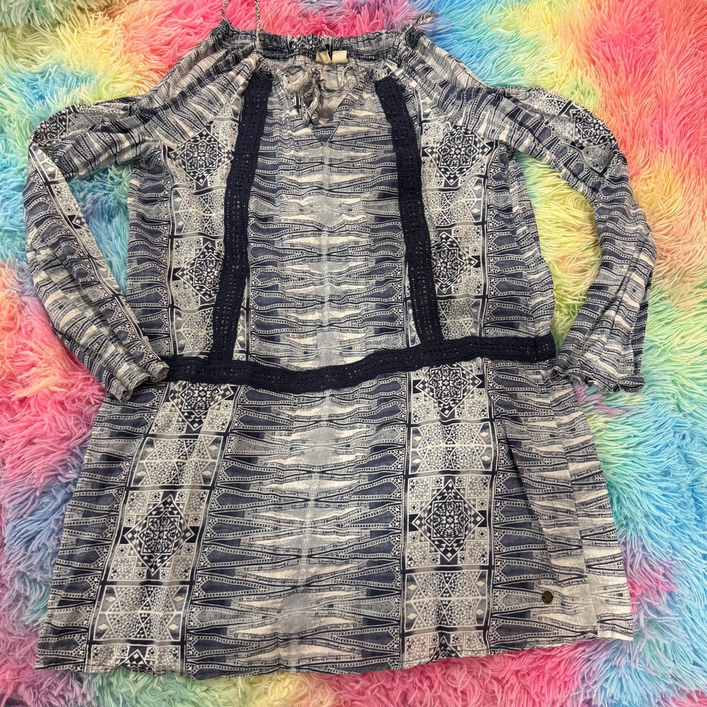 Roxy Blue White Geometric Tribal Cold Shoulder Crochet Lace Mini‎ Dress Small